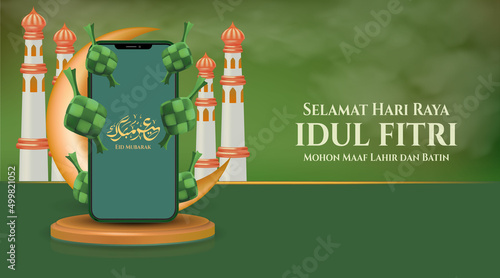 Online shopping eid Mubarak banner template with realistic smartphone in minaret background