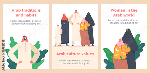 Arab Traditions and Culture Banners. Family Characters Parents and Children. Saudi People Wear National Clothes
