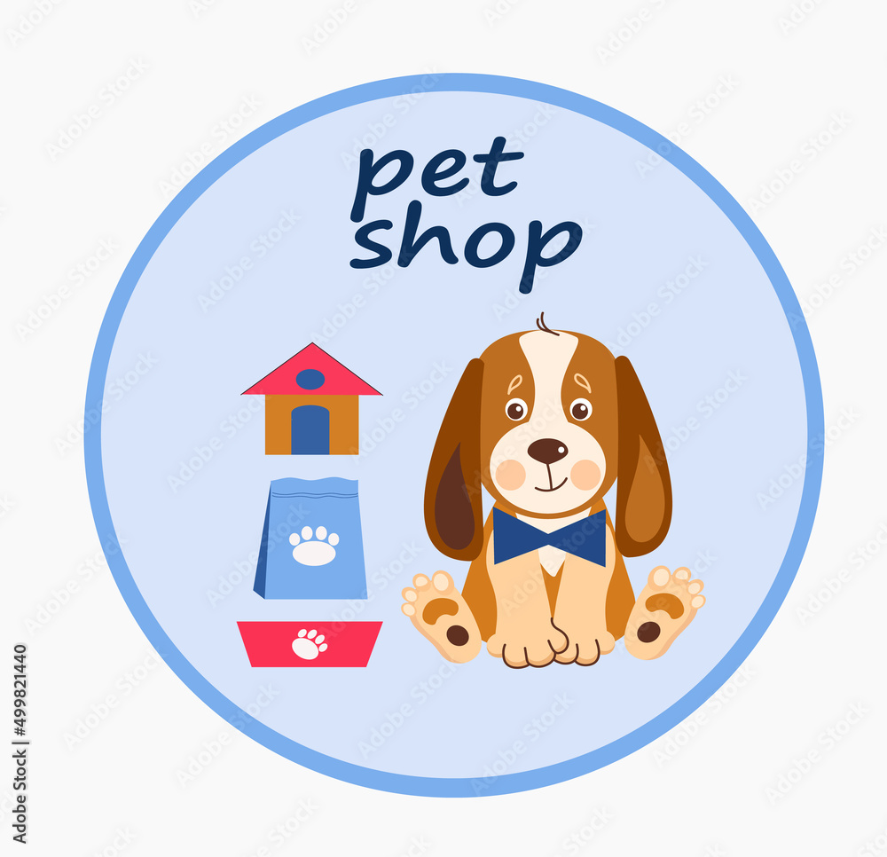 Pet shop banner design template. Vector cartoon illustration of cats, dogs, house, food