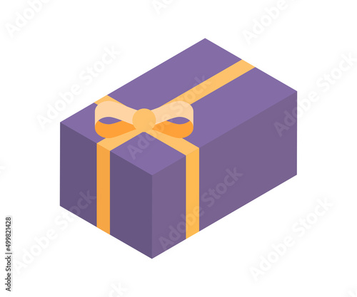 Classic rectangle wrapped purple gift box decorated by yellow bow ribbon minimalist 3d icon isometric vector illustration. Cardboard present greeting container holiday anniversary celebration isolated