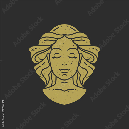 Antique woman goddess head with closed eyes and waving hair grunge texture vector illustration