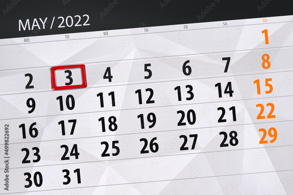 Fototapeta premium Calendar planner for the month may 2022, deadline day, 3, tuesday