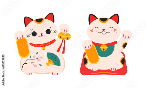 White Maneki Neko, Asian lucky cat. Feng Shui, fortune, folklore toy cartoon vector illustration photo