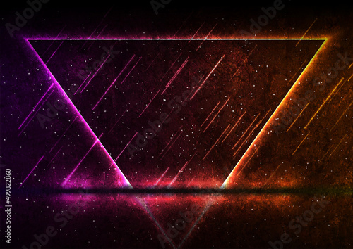 Orange purple neon laser triangle frame abstract technology retro grunge background. Futuristic glowing graphic vector design