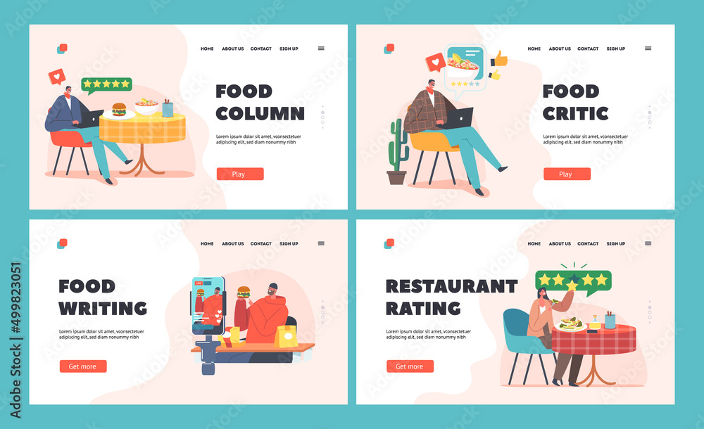 Food Critics Landing Page Template Set. Taster Making Opinion on Food, Professional Writers or Bloggers Making Review