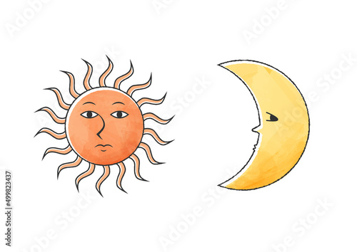 シンプルでオカルトな顔のある太陽と月