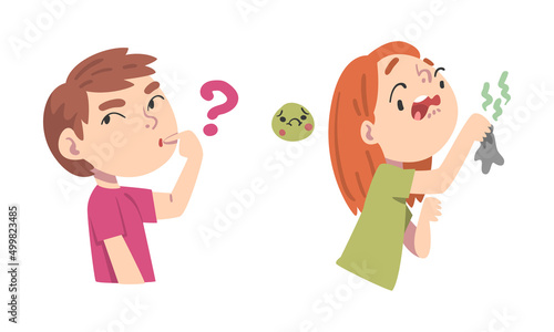 Emotional children set. Cute children with thoughtful and disgusted face expression cartoon vector illustration