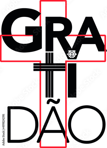 Word Gratitude in black color with an outline of an intertwined cross in red color