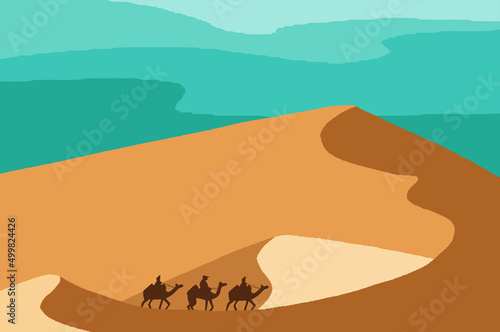 Camel caravan on desert scenery illustration flat design