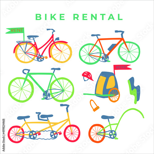 Vector illustration of bicycle rental with different bikes and accessories. Bike equipment for the whole family. Hand drawn illustration. 