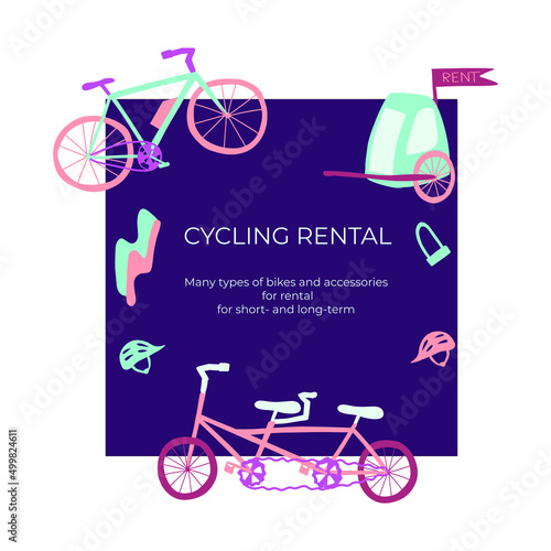 Cycling rental ad for a leaflet or website. Electrobike, tandem bike, helmets, lock, baby seat. Vector illustration in hand drawn style.
