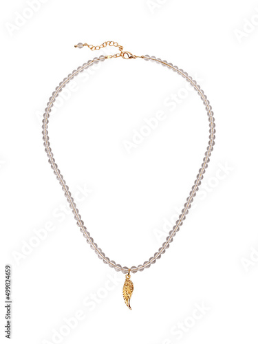 Female golden wing shaped pendant with transparent beads necklace isolated on white