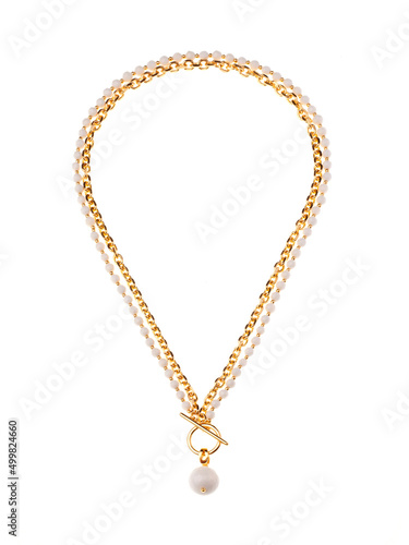 Female white round pendant with golden chain necklace isolated on white