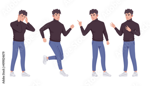 Office worker set, young businessman, male employee standing negative emotions. Brunette smart tall boy in formal wear. Vector flat style cartoon character isolated, white background, different poses