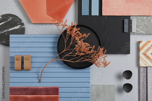 Billede på lærred Creative flat lay composition of interior designer moodboard with textile and paint samples, blue lamella panels and tiles