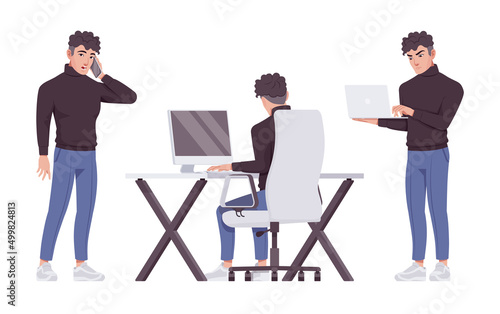 Office worker set, young businessman, male employee busy with computer, phone talk. Brunette smart boy in formal wear. Vector flat style cartoon character isolated, white background, different poses