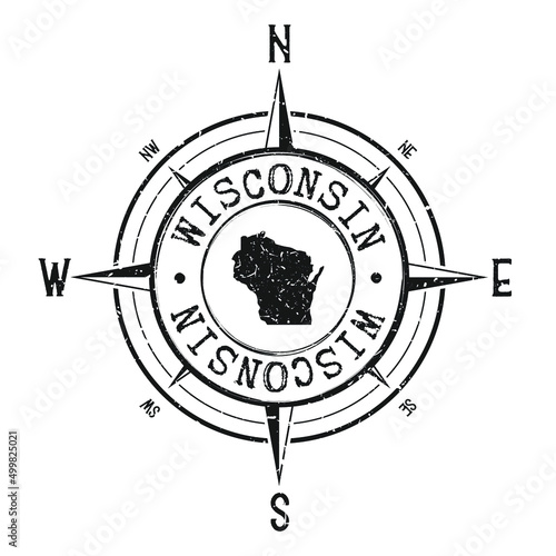 Wisconsin, USA Stamp Map Compass Adventure. Illustration Travel Country Symbol. Seal Expedition Wind Rose Icon.