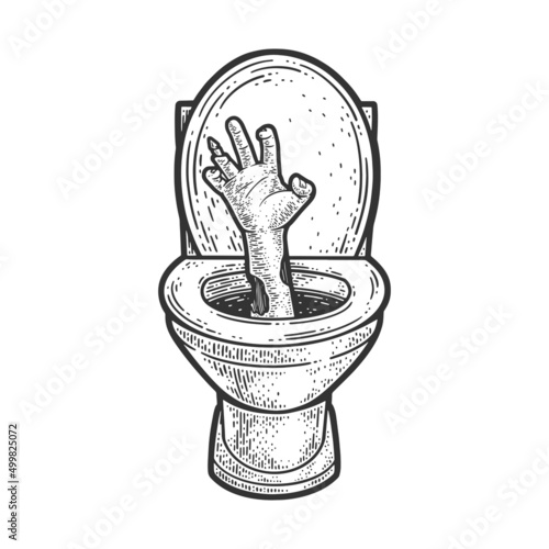 zombie hand out of the toilet sketch engraving vector illustration. T-shirt apparel print design. Scratch board imitation. Black and white hand drawn image.