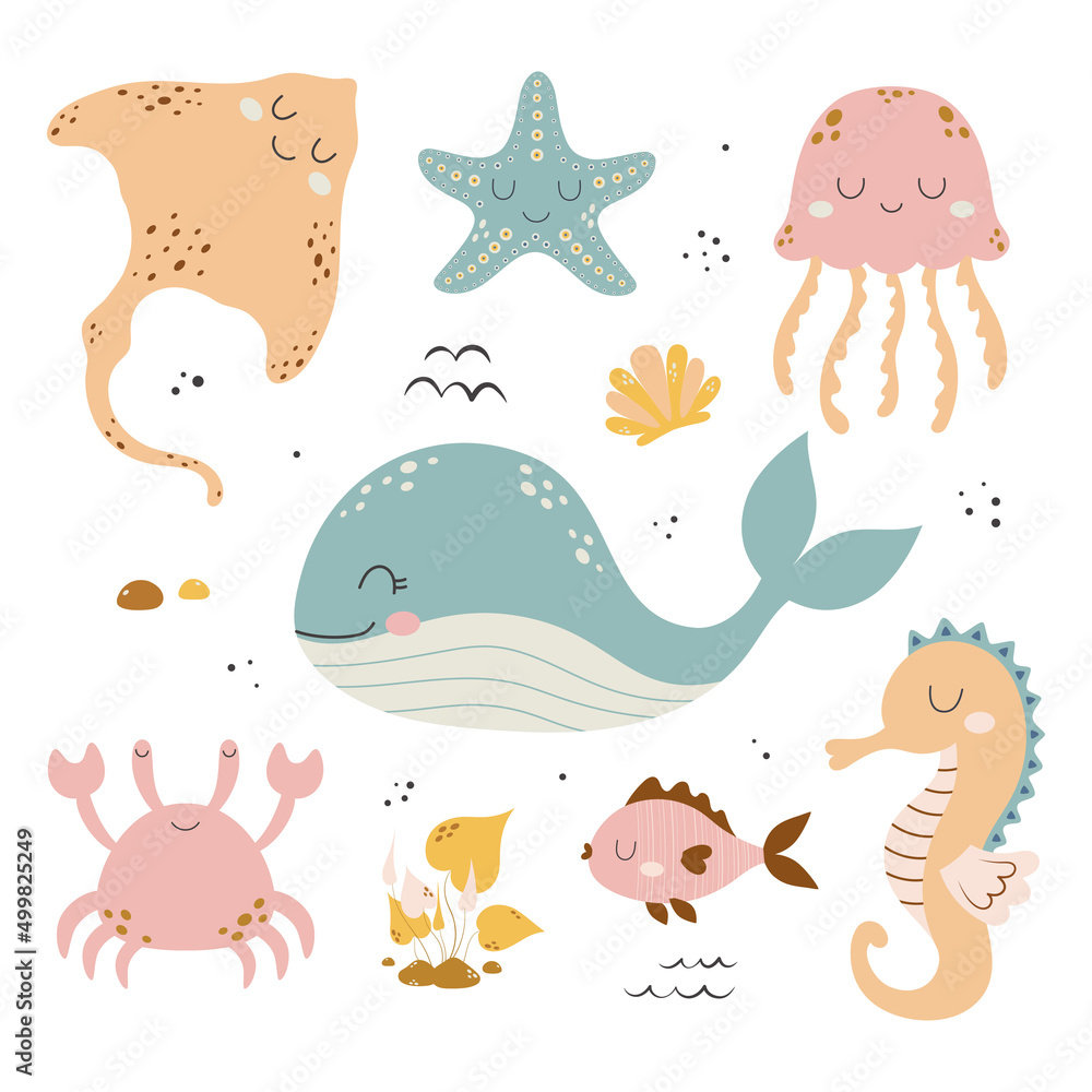 vector illustration with cute cartoon underwater animals