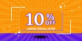 10% off limited special offer. Banner with ten percent discount on a orange background with orange square and white
