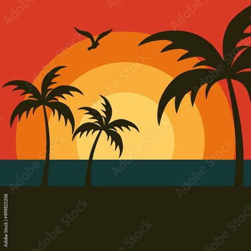 graphic beach sunset with palm trees