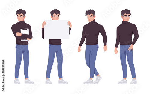 Office worker set, young businessman, male employee standing full length. Brunette smart tall boy in formal wear. Vector flat style cartoon character isolated on white background, different poses