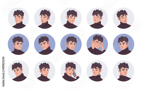 Handsome young handsome brunette businessman portrait set business employee bundle. Different emotions face icons, character pic. Vector flat style cartoon avatar circle set isolated, white background