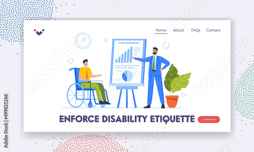 Enforce Disability Etiquette Landing Page Template. Disabled Business Man on Wheelchair Watch Seminar Presentation