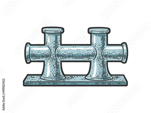 Mooring bollard bitts color sketch engraving vector illustration. T-shirt apparel print design. Scratch board imitation. Black and white hand drawn image.