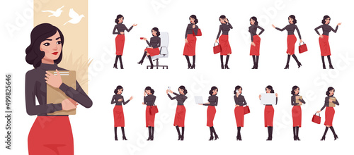 Young beautiful businesswoman, manager character set, corporate business bundle, different poses, gestures, emotions, office situations. Vector flat style cartoon character isolated, white background
