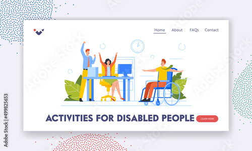 Activities for Disabled People Landing Page Template. Business Colleagues Fun in Office. Successful Deal Celebration