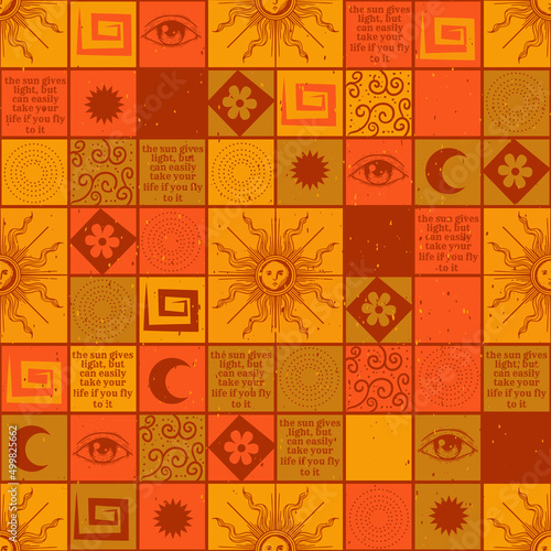 seamless retro pattern with sun and flowers, hippie vintage textile 70s, orange color
