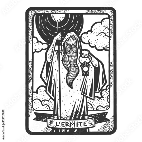 Tarot playing card hermit sketch engraving vector illustration. T-shirt apparel print design. Scratch board imitation. Black and white hand drawn image.