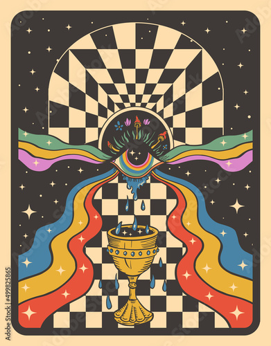 psychedelic illustration with an all-seeing eye and a goblet optical illusion background