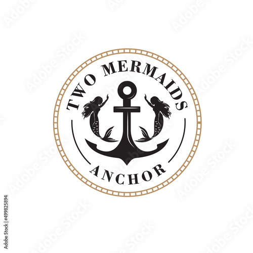 Logo design of two beautiful mermaids with long hair on anchor background in vintage traditional style, frill