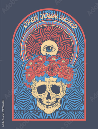 Fototapeta Naklejka Na Ścianę i Meble -  skull in a wreath of roses, optical illusions and an all-seeing eye, poster, t-shirt print, psychedelic illustration