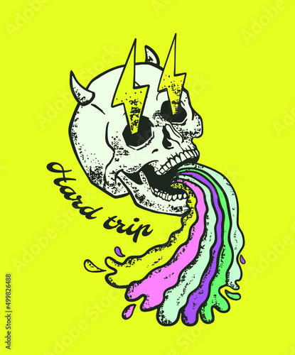 skull with lightning in eyes vomits a rainbow, hard trip, print on t-shirt