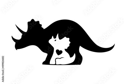 Mama dinosaur and baby dinosaur silhouette. Cute dino sign, logo, emblem or badge. Triceratops vector illustration. Mom with baby symbol.