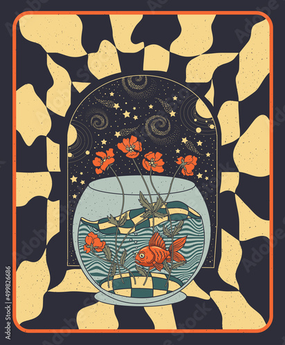 fish in space, illustration with optical illusion, psychedelic poster

