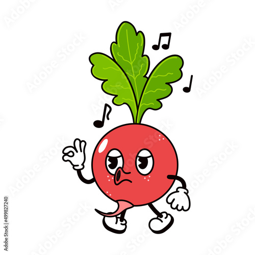Cute funny radish walking singing character. Vector hand drawn traditional cartoon vintage, retro, kawaii character illustration icon. Isolated on white background. Radish walk and sing character