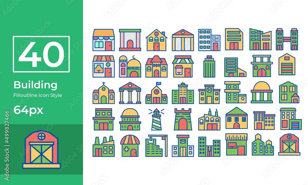 Simple Building icon Set Filloutline Style. Contain such stores, mosques, offices, lighthouses, and more.