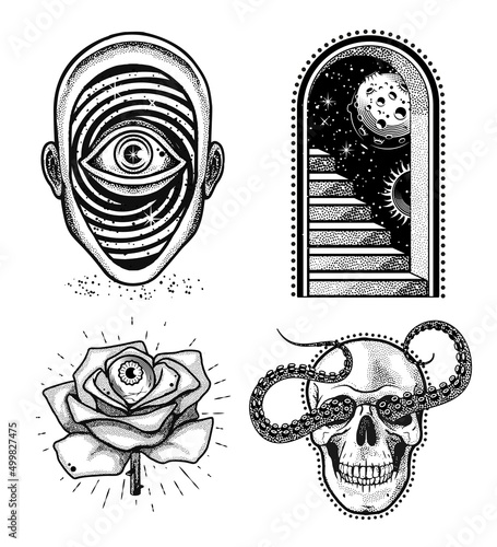 Portals to Space, Skulls Collection,  Human Head Space Elements. Vector Illustration.