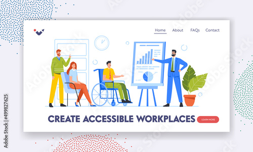 Create Accessible Workplaces Landing Page Template. Business Team with Disabled Persons on Seminar, Coach Presentation