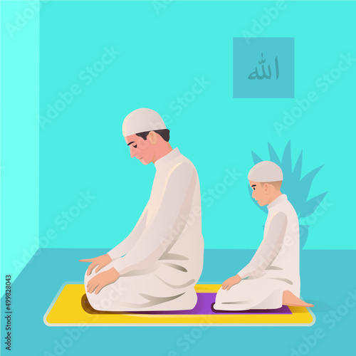 muslim father and son pray together