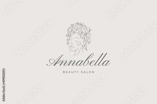 Minimalist woman head flower botanical wreath romantic decorative line art logo design vector