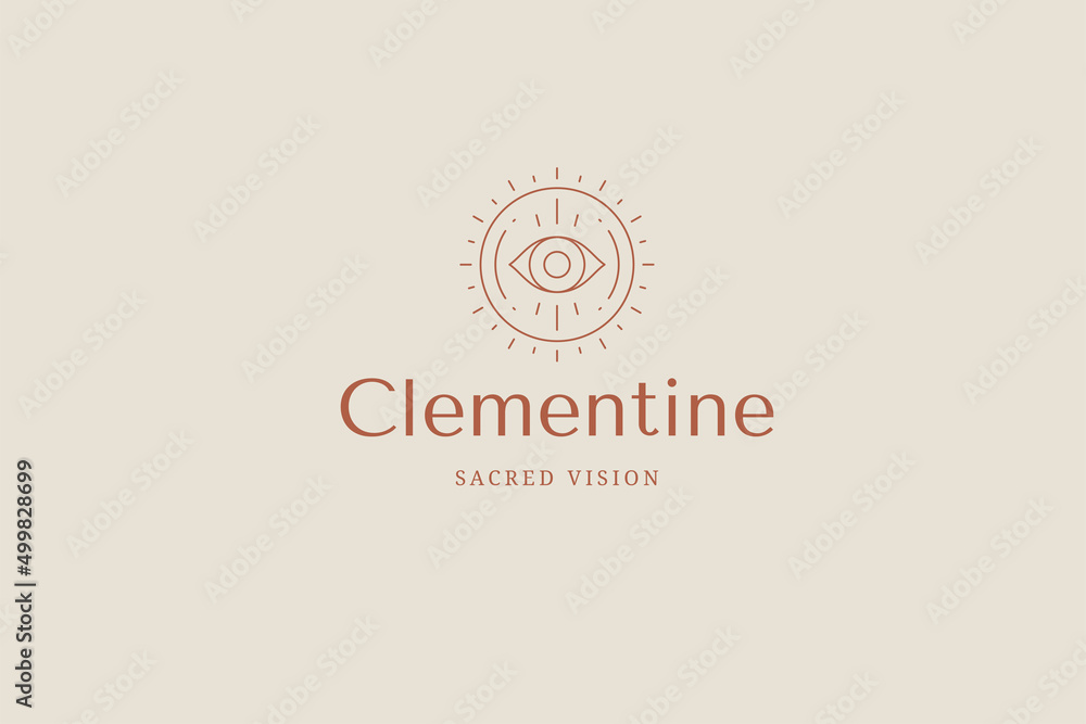 Occultism all seeing eye in circle bright sun frame line art logo place for text vector illustration