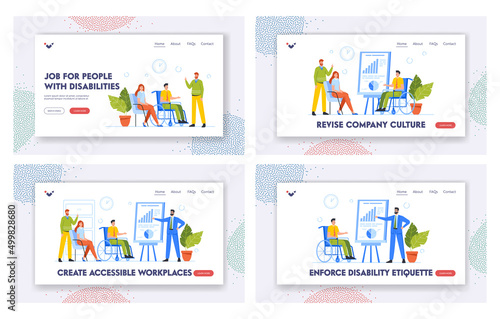 Workplace for Handicapped People Landing Page Template Set. Business Team with Disabled Persons on Seminar