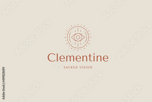 Occultism all seeing eye in circle bright sun frame line art logo place for text vector illustration