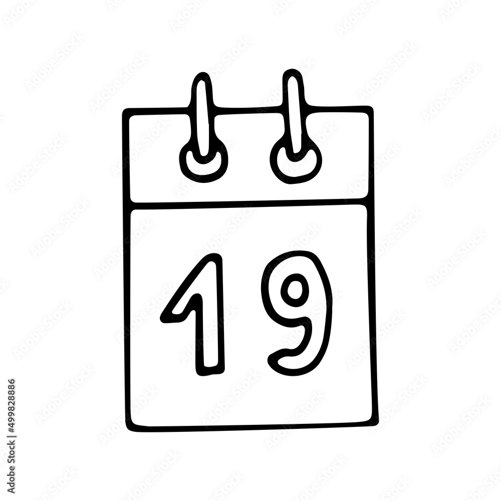 Tear-off calendar line art. Calendar date. Day planning. Number 19. Hand drawn graphic vector illustration. Isolated simple doodle element. Tear-off calendar line art. Calendar date. Day planning. Number 19. Hand drawn graphic vector illustration. Isolated simple doodle element.