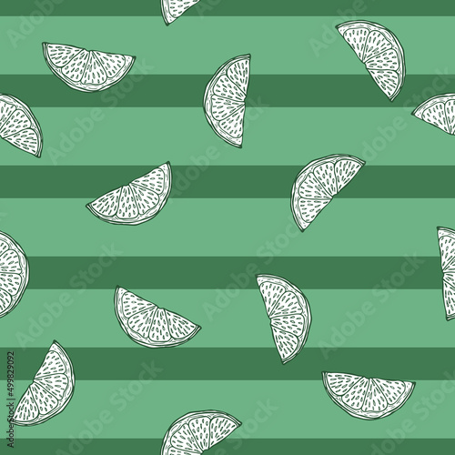 Seamless pattern engraved slice lemon. Vintage background piece lemon or lime in hand drawn style.